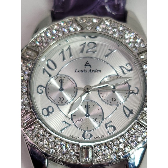 Louis Arden LA7258 Wrist Watch Purple Leather Band Crystal Bezel Japan Works! - Picture 5 of 16